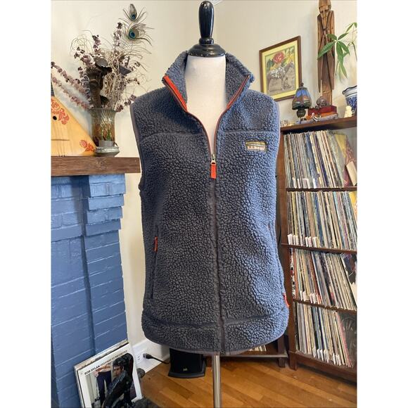 LL Bean S Reg Mountain Deep Pile Vest Sherpa Gray Orange Fleece Full Zip Hiking - Picture 1 of 13